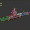 3D Warship Model With Gray Hull Red Bottom Superstructure Mast And Turrets