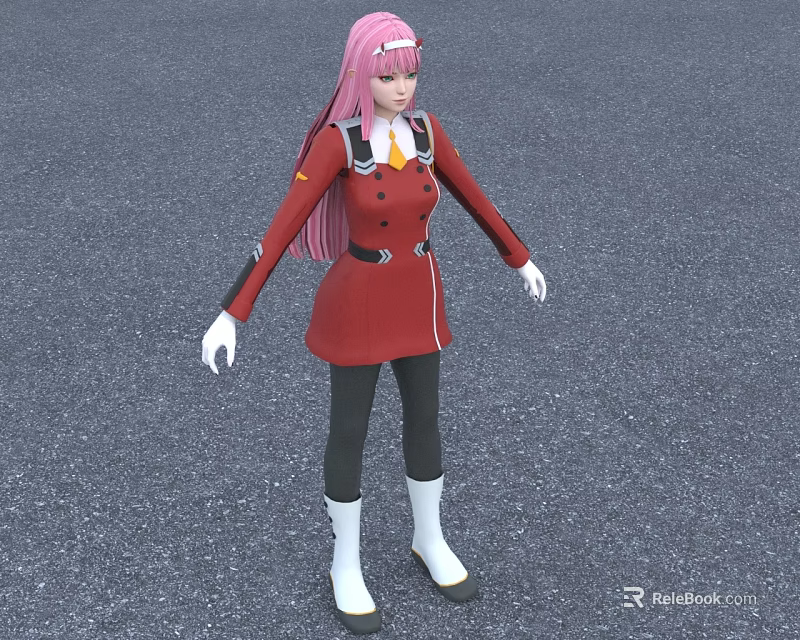 Woman with long pink hair wearing red coat black pants white boots on gray ground 3d model 