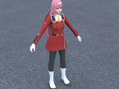 Woman with long pink hair wearing red coat black pants white boots on gray ground 3d model