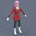 Woman with long pink hair wearing red coat black pants white boots on gray ground