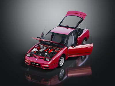 Red Sports Car With Open Hood And Doors Showcasing Engine And Interior 3d model