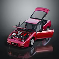 Red Sports Car With Open Hood And Doors Showcasing Engine And Interior