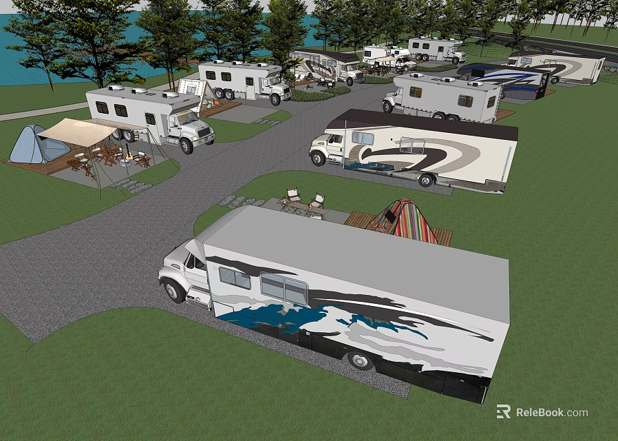 Scenic Garden Landscape Design with RVs Lawn Trees and Water View 3d model 