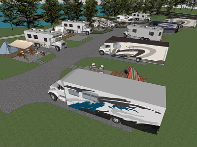 Scenic Garden Landscape Design with RVs Lawn Trees and Water View 3d model