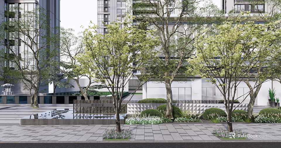 Modern Feature Wall Surrounded by Trees and Greenery with Paved Walkway and High Rise Buildings 3d model 