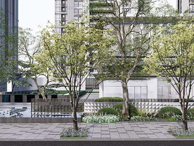 Modern Feature Wall Surrounded by Trees and Greenery with Paved Walkway and High Rise Buildings 3d model