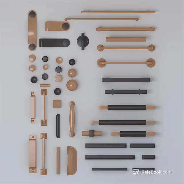 Various Door Handles In Different Shapes And Colors Including Black Gold And Wooden Tones 3d model 
