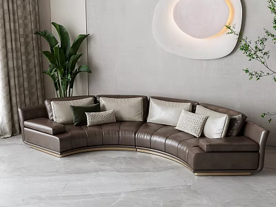 Curved Brown Multi Person Sofa with Cushions Gray Wall Circular Lamp and Green Plants 3d model