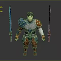 A Man In Armored Outfit With Blue And Orange Details Standing Between Two Swords