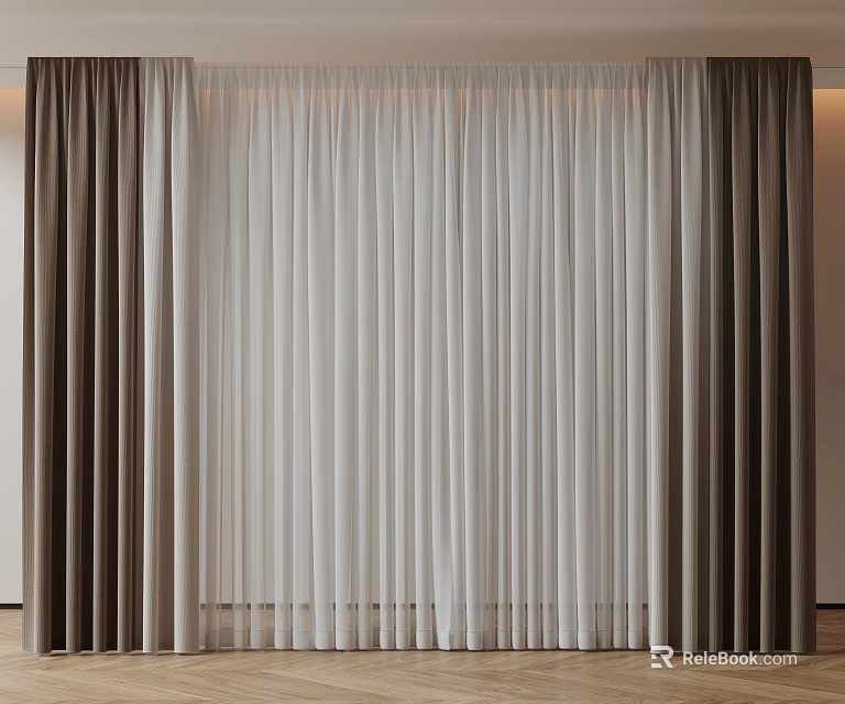 Modern Layered Curtains With Sheer White And Dark Brown Panels For Home Interior 3d model 