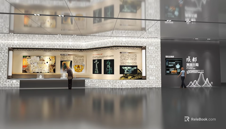 Modern Exhibition Hall Interior Featuring Display Walls Exhibits Text Displays And Visitors 3d model 