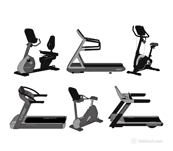 Different Types of Fitness Equipment Including Treadmill Elliptical And Stationary Bike 3d model 