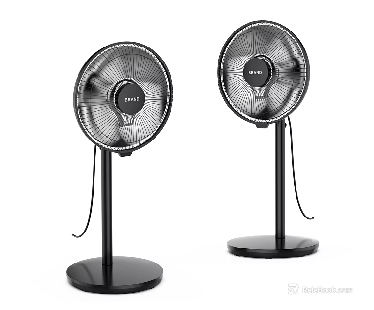 Two Black Standing Electric Fans With BREEZE Logo And Stable Base Design 3d model 