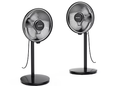 Two Black Standing Electric Fans With BREEZE Logo And Stable Base Design 3d model