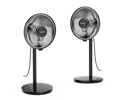 Two Black Standing Electric Fans With BREEZE Logo And Stable Base Design 3d model