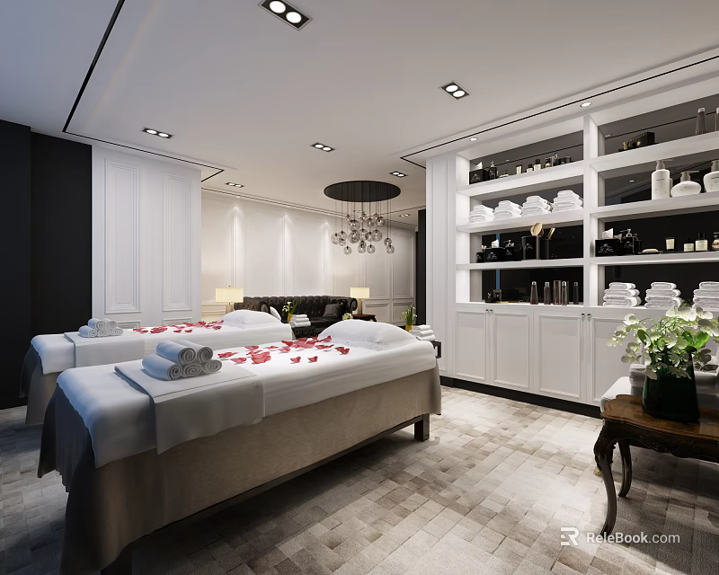 Modern Beauty Salon Spa Interior With Massage Beds Towels Rose Petals White Cabinets And Shelves 3d model 
