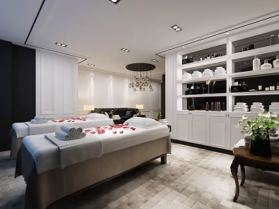 Modern Beauty Salon Spa Interior With Massage Beds Towels Rose Petals White Cabinets And Shelves 3d model