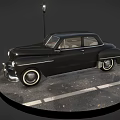Vintage Black Classic Car Display With Street Lamp On Circular Wet Paved Ground