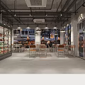 Industrial Style Restaurant Interior With Glass Display Cases Ceiling Lights Tables Chairs And Street View