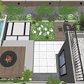 Courtyard Garden With Cozy Fire Pit Flames Lush Plants Flowers And Outdoor Seating