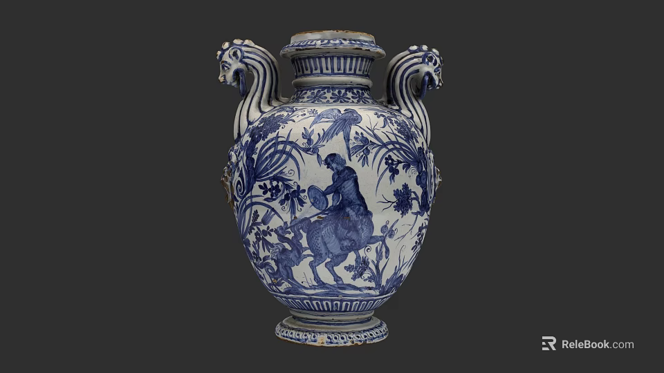 Blue and White Ceramic Vase with Double Animal Head Handles and Floral Figure Decoration 3d model 