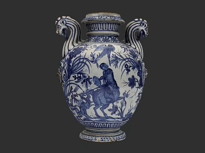 Blue and White Ceramic Vase with Double Animal Head Handles and Floral Figure Decoration 3d model