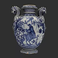 Blue and White Ceramic Vase with Double Animal Head Handles and Floral Figure Decoration