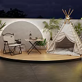 Cozy Outdoor Tent On Wooden Deck With String Lights Armchair And Small Table
