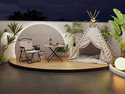 Cozy Outdoor Tent On Wooden Deck With String Lights Armchair And Small Table 3d model