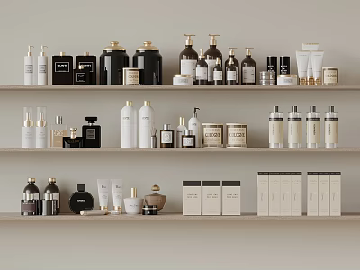 Skincare Products Display With Various Bottles Jars And Boxes On Shelves 3d model