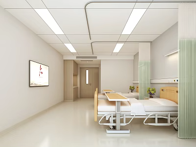 Modern Hospital Ward Interior With Two Beds Television Ceiling Lights And Curtains 3d model