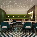 Elegant Restaurant Interior With Green Walls Plant Murals And Geometric Floor Tiles