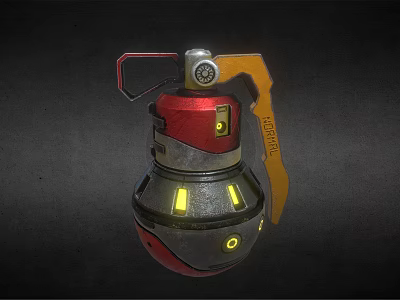 Futuristic Red Silver Grenade With Yellow Handle And Glowing Lights 3d model