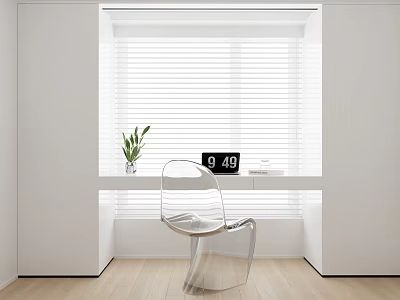 Bright White Window Desk With Blinds Clock Green Plant And Transparent Chair 3d model