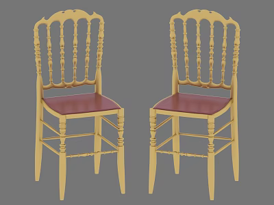 Two Elegant Golden Wooden Leisure Chairs with Carved Backrest and Red Seat Cushion 3d model