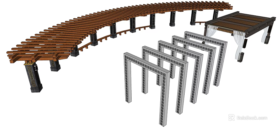 Pergola Design Featuring Wooden Curved Top And Metal Support Frames Structure 3d model
