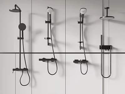 Modern Stylish Black Shower Systems With Various Designs Mounted On White Wall 3d model