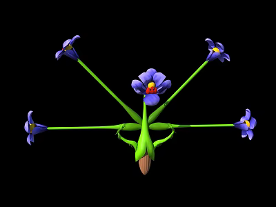 Cartoon Scene With Purple Flowers Green Stems And Yellow Centers On Black Background 3d model