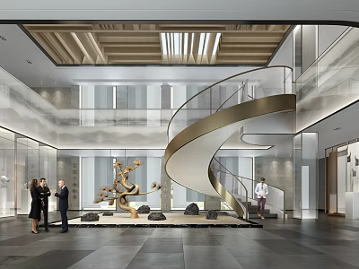 Front Desk Reception in Modern Lobby with Spiral Staircase Glass Walls and Sculpture 3d model