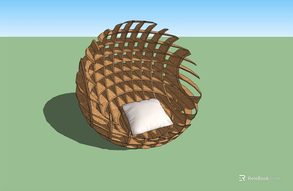 Natural Woven Circular Landscape Seat With White Cushion On Green Lawn 3d model 