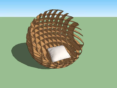 Natural Woven Circular Landscape Seat With White Cushion On Green Lawn 3d model