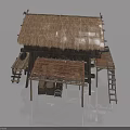 Traditional Wooden Swing Door in Stilt House with Thatched Roof and Stairs