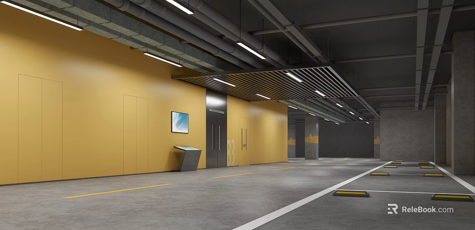 Modern Parking Garage Interior Featuring Yellow Walls Elevator Information Kiosk Blue Screen And Floor Lines 3d model 