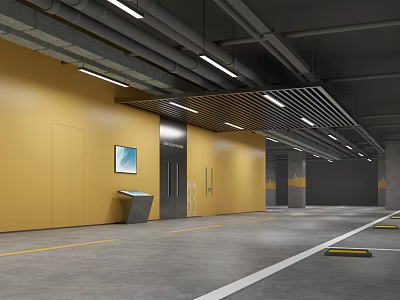 Modern Parking Garage Interior Featuring Yellow Walls Elevator Information Kiosk Blue Screen And Floor Lines 3d model