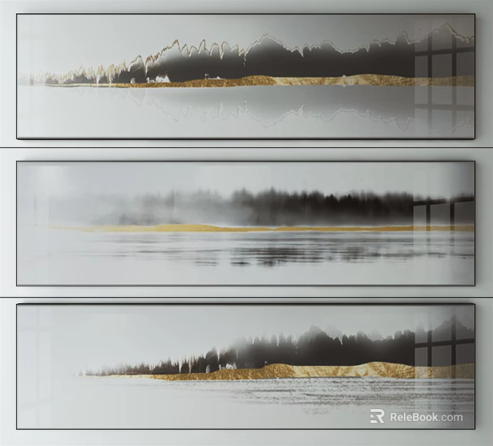 Modern Landscape Decorative Paintings With Misty Mountains Water And Golden Accents 3d model 