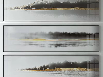 Modern Landscape Decorative Paintings With Misty Mountains Water And Golden Accents 3d model