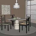 Elegant Modern Restaurant Interior With Round Marble Dining Table Striped Chairs Abstract Painting Green Plants