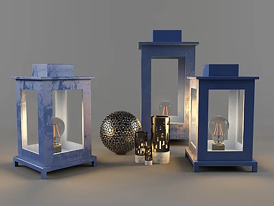 Stylish Decorative Ornament Set With Blue Lanterns Silver Spherical Ornament And Light Accents 3d model