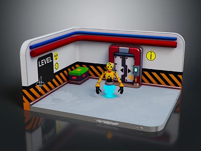 Yellow Robot In Room With LEVEL Sign Blue Glowing Object Warning Stripes And Door 1 3d model