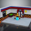 Yellow Robot In Room With LEVEL Sign Blue Glowing Object Warning Stripes And Door 1